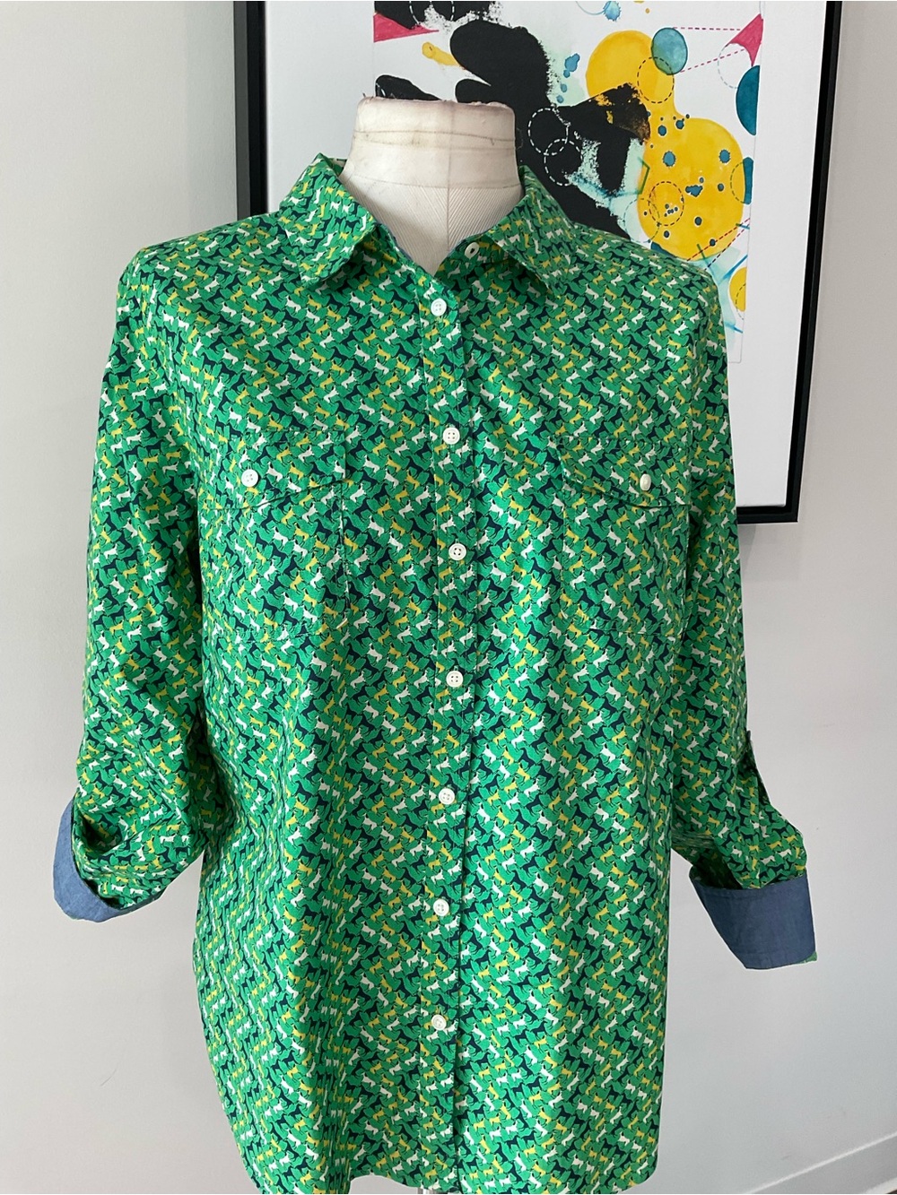 Talbots Green Printed Long-Sleeve Button-Up Shirt Size 16 (NWT)